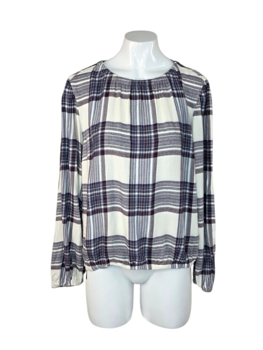 Anthropologie Cloth & Stone Plaid Elasticized Top, Plaid, Long Sleeve, Size M